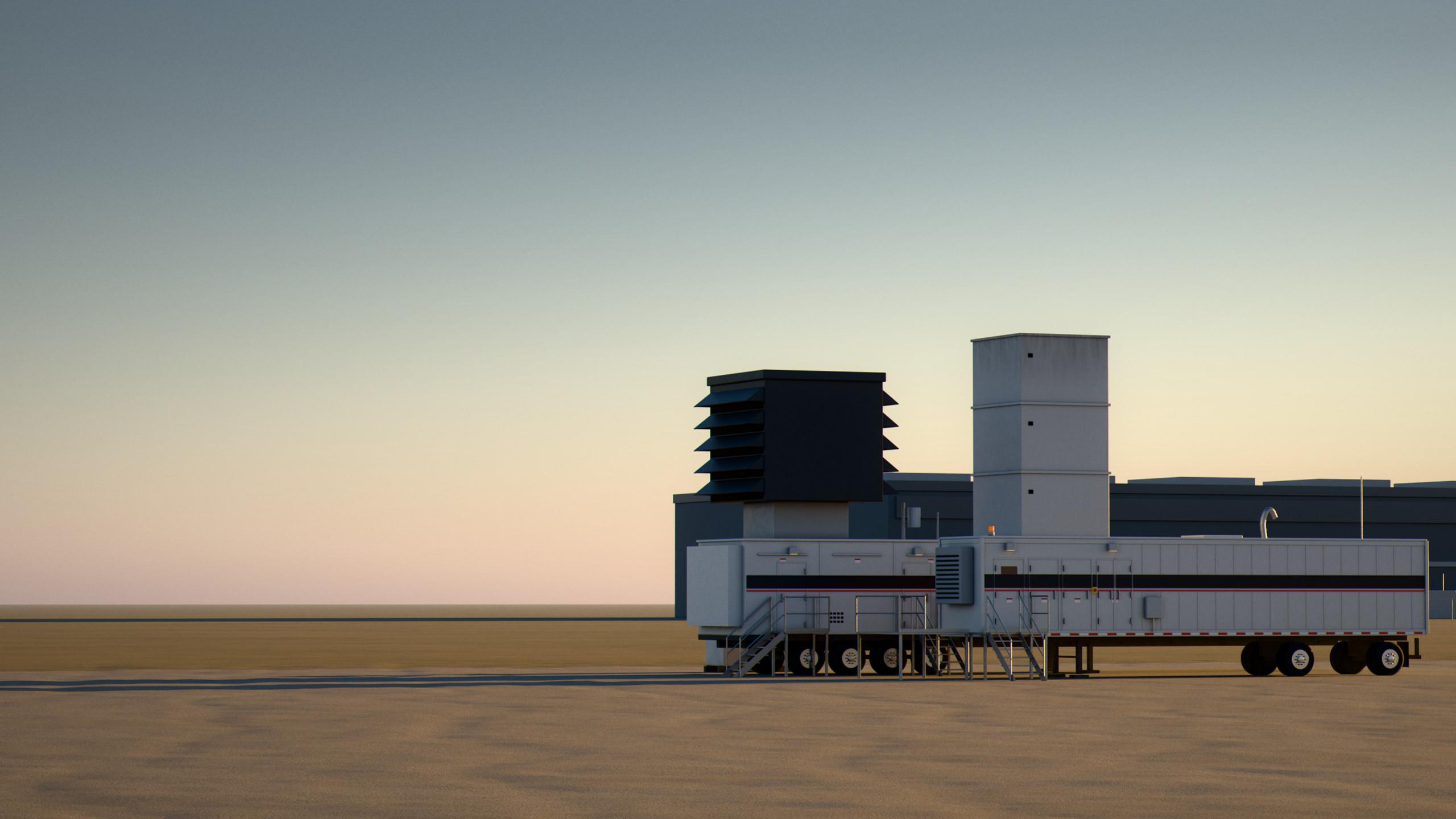 A 25 MW mobile gas turbine unit and its control trailer at a data center site, at sunset
