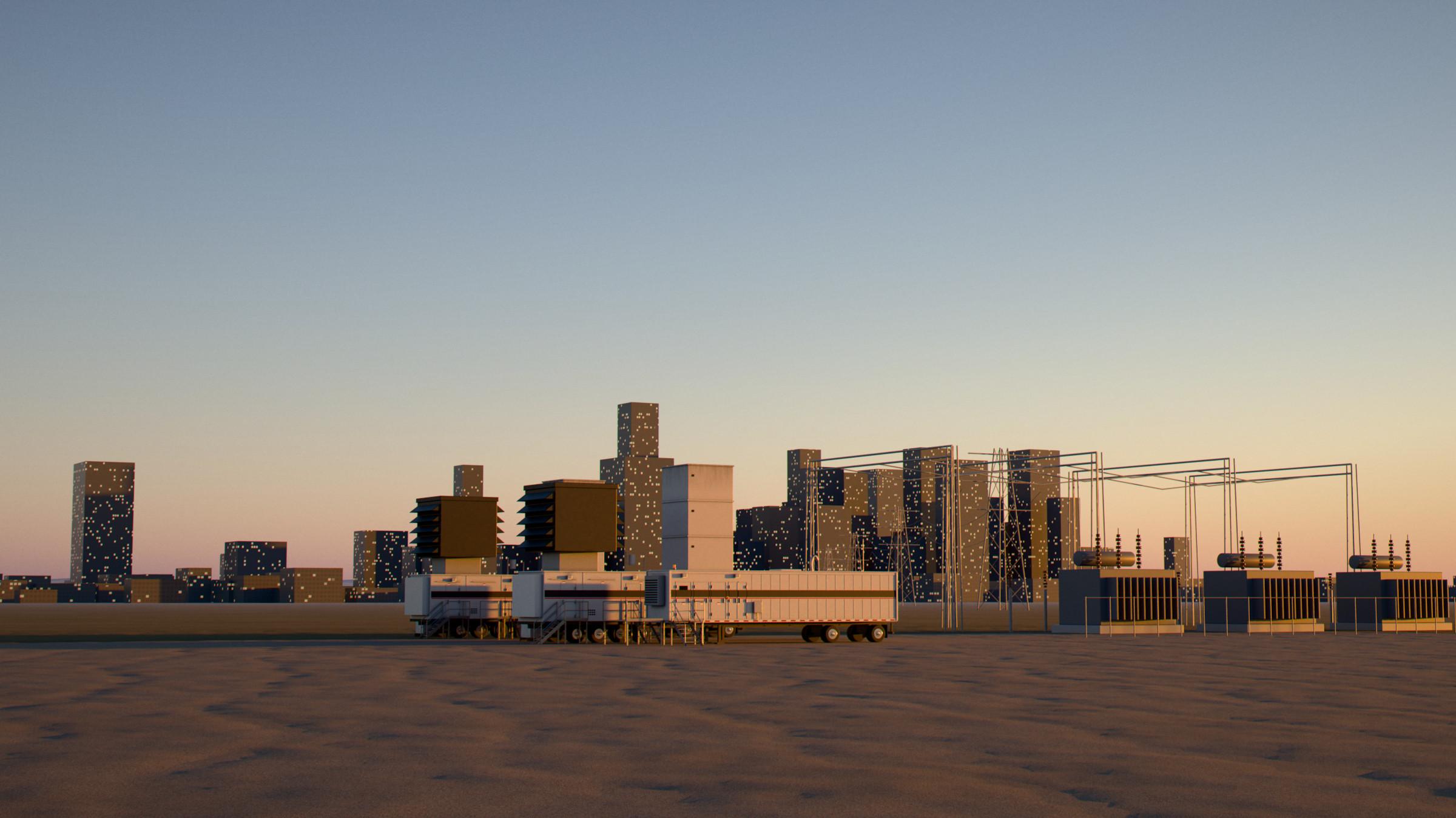 Two 25 MW mobile gas turbine units beside a substation, a capital city's skyline at sunset