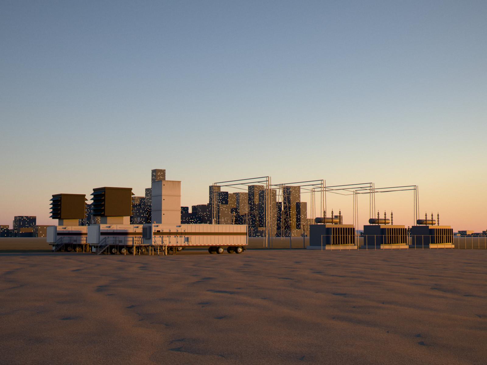 Two 25 MW mobile gas turbine units beside a substation, a capital city's skyline at sunset
