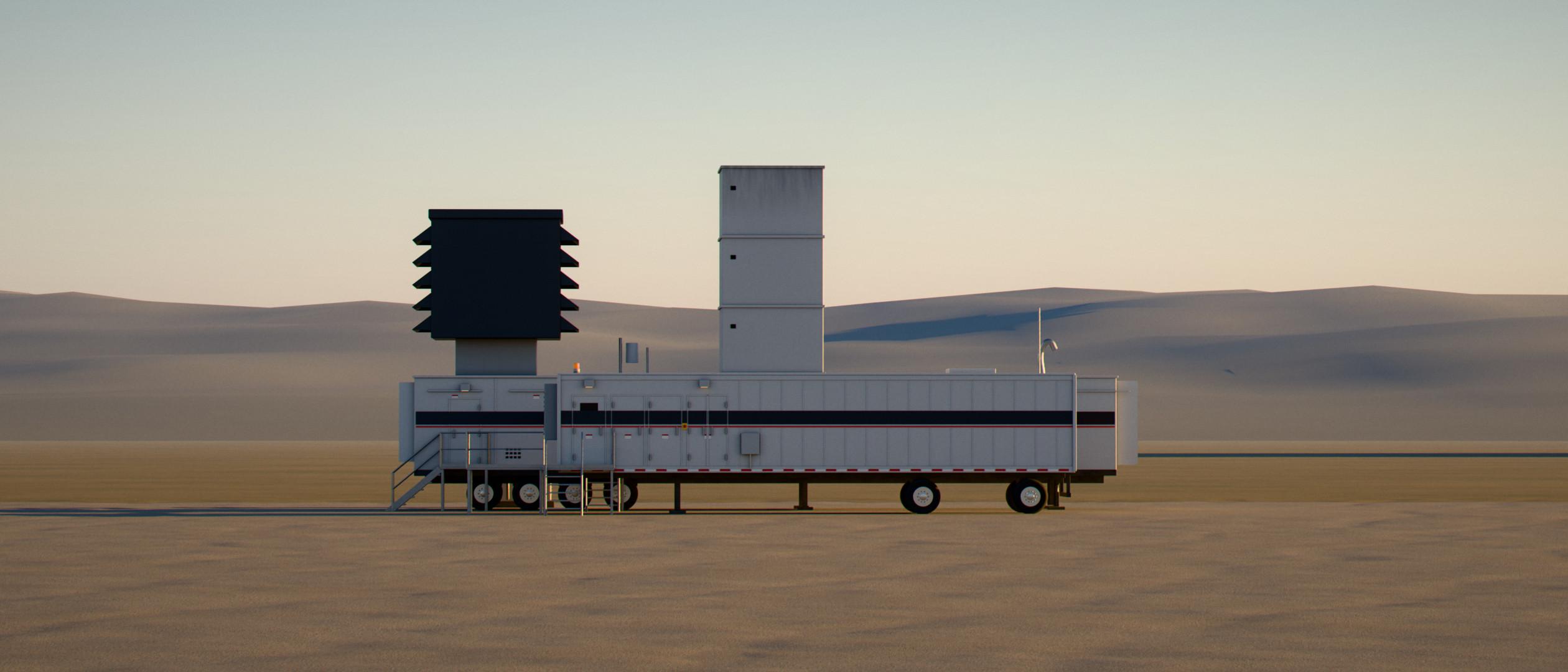 Side view of a 25 MW mobile gas turbine unit: power trailer with filter house and stack, control trailer in front